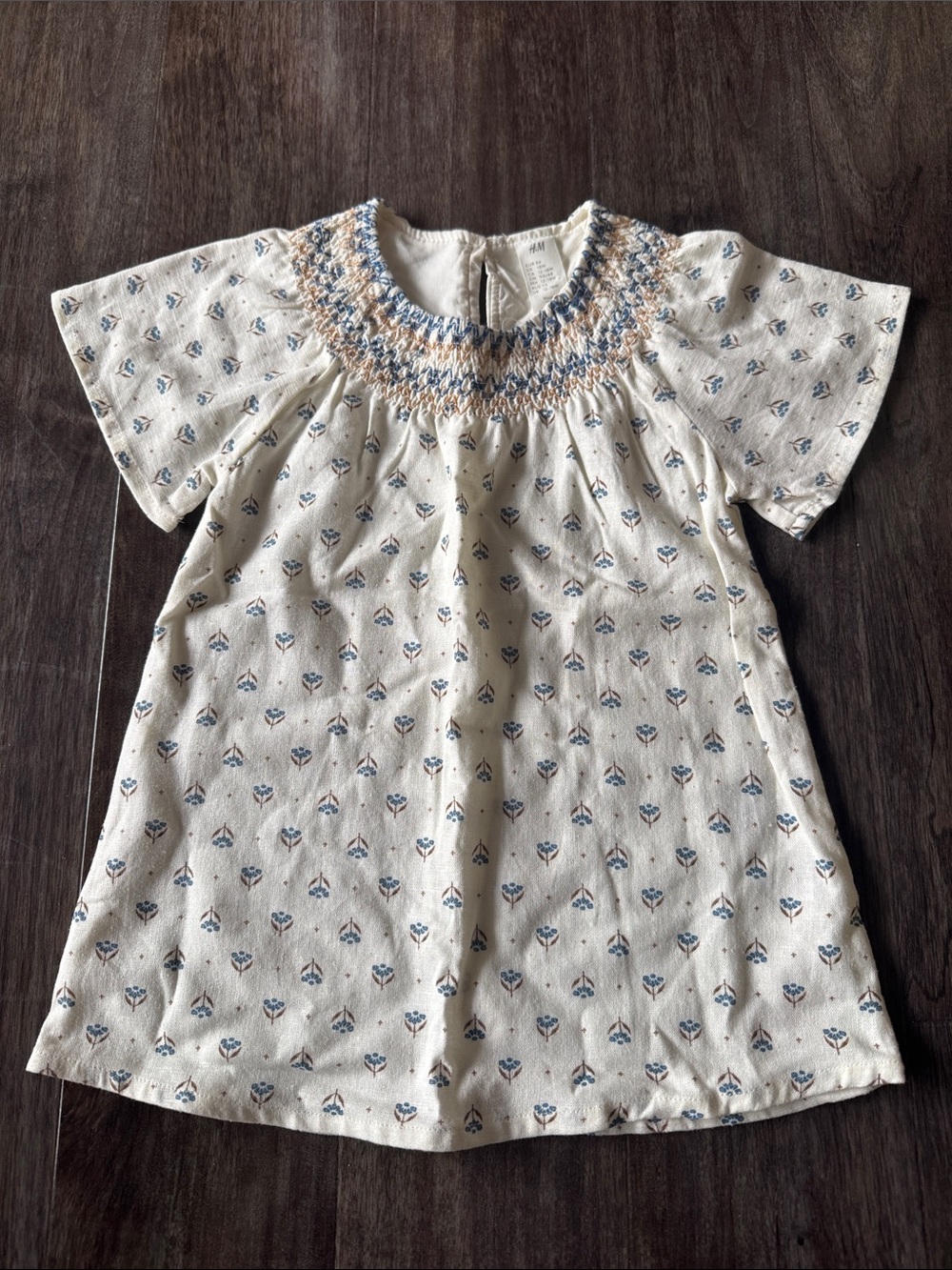 H&M Cream Dress with Blue and Peach Smocked Neck